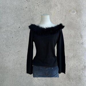 vintage boatneck sweater with faux fur collar